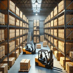 a warehouse with boxes on pallets and shelves