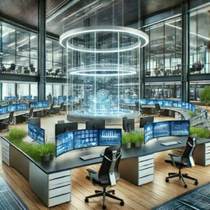 digital art depiction of a modern office environment with advanced technology and infrastructure